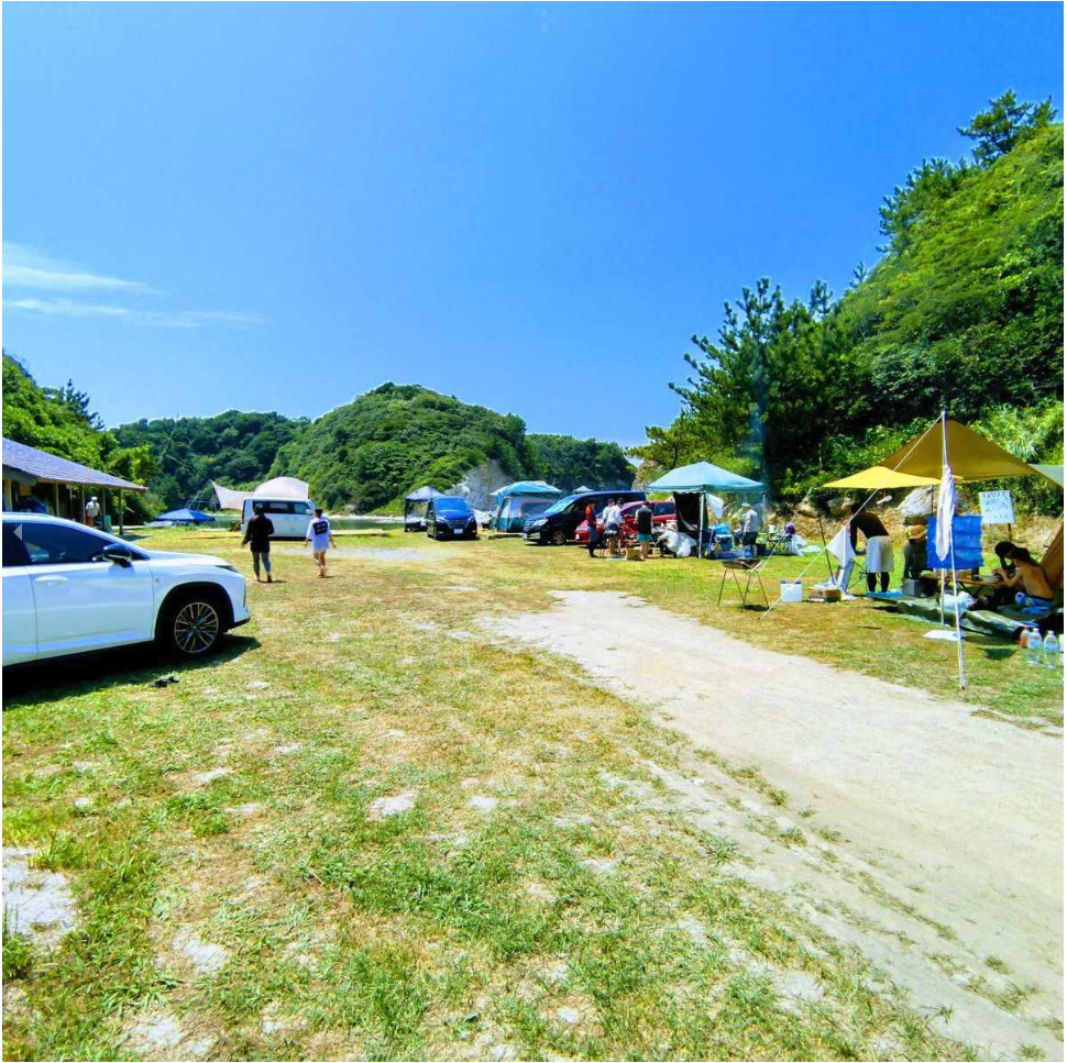 キャンプ場全景・テントと車が並ぶサイト